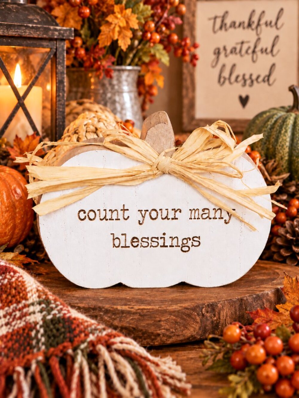 Count Your Many Blessings Rustic Wooden Pumpkin Fall Autumn Thanksgiving Décor
